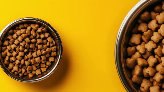 Healthy dog food in a bright bowl set against vibrant yellow background offers a happy meal experience