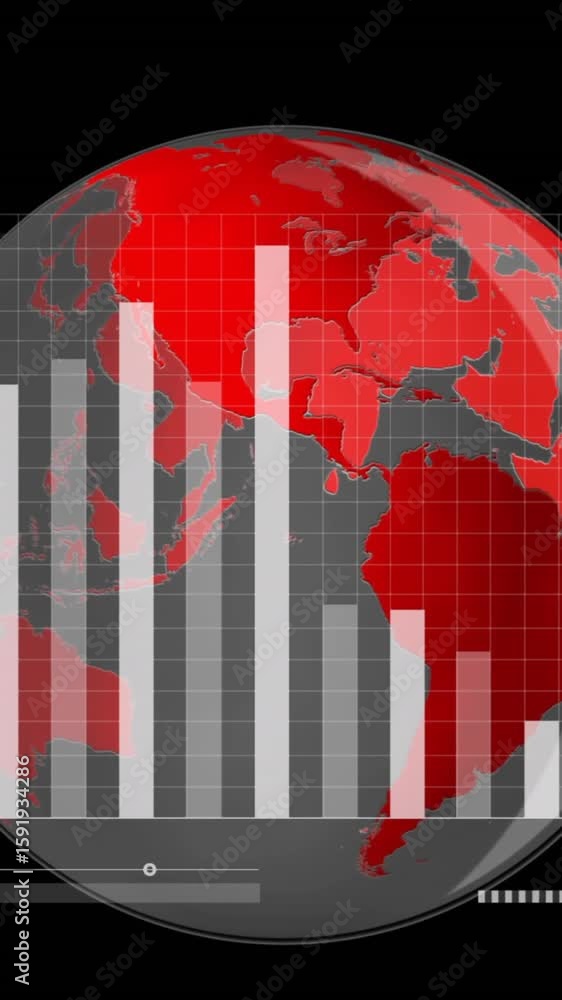 Poster animation of interface with statistical data processing over spinning globe against black background