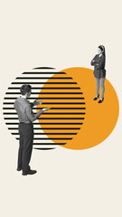 Collage of man and woman in communication conflict across overlapping visual circles. Concept of...