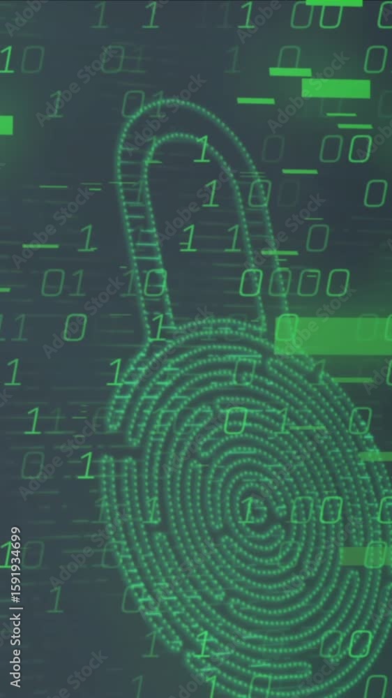 Poster animation of binary coding data processing over security padlock icon against grey background