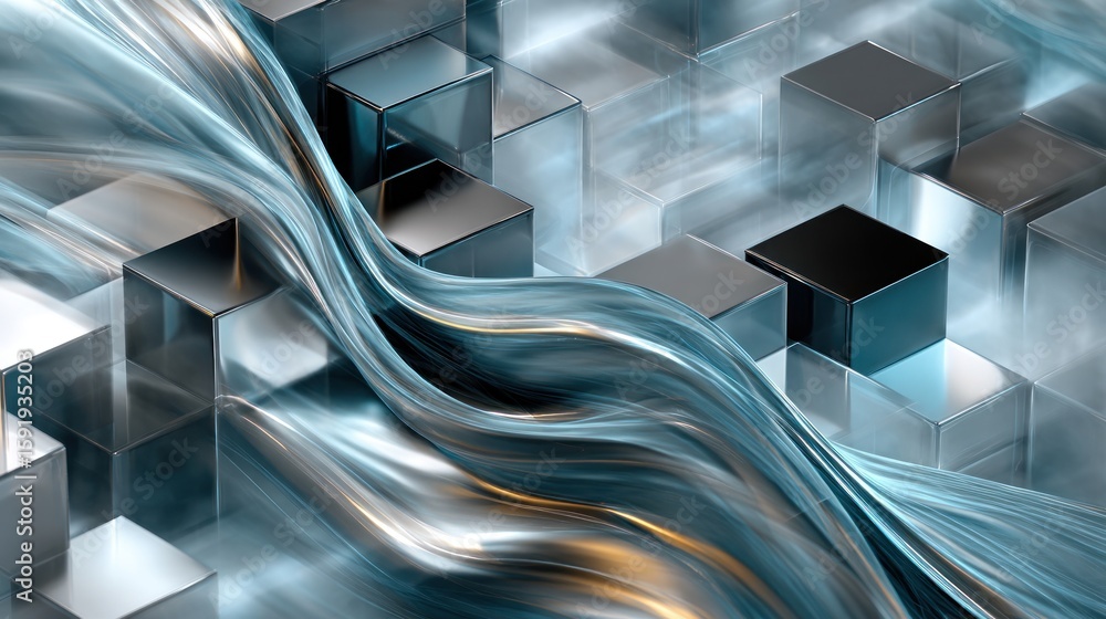 Aufkleber abstract design with flowing forms and metallic cubes.