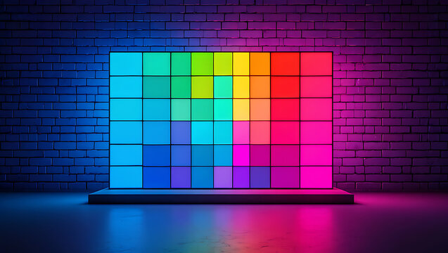 Grid of colorful glowing squares on brick wall background - Powered by Adobe
