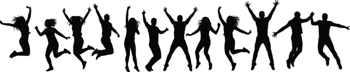 Title: "Joyful Jumping Silhouettes: Energetic Crowd Celebrating Success, Happiness, and Freedom in a Dynamic Row, Perfect for Positive Emotion and Group Achievement Concepts.