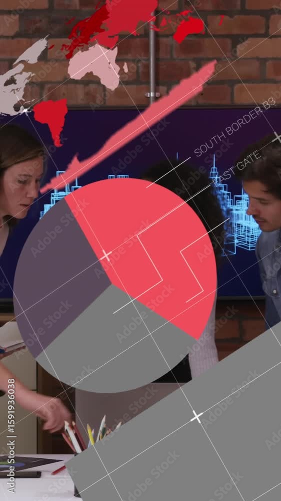 Poster animation of infographic interface over diverse architects discussing blueprint on laptop in office