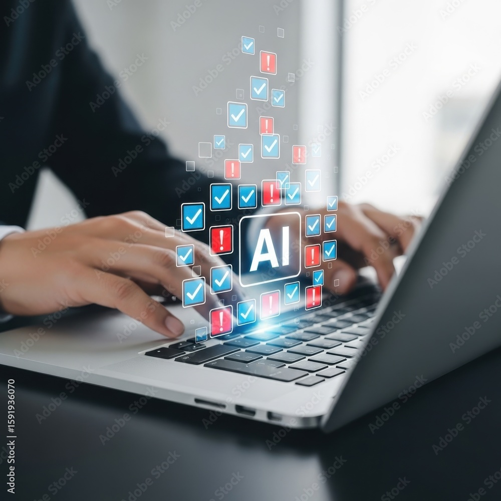 Aufkleber person typing on laptop with a i interface and digital checklist icons artificial intelligence techn