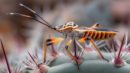 A detailed macro of an orange bug with long antennae on a cactus