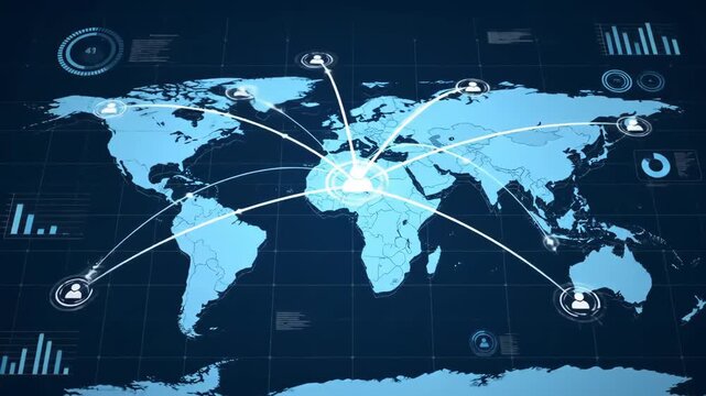 Global network map with animated data connections and pulsing nodes, digital dashboard style, cool blue palette, 8-second seamless animation of data flow and network activity