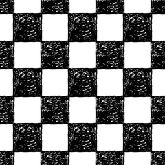 Abstract Symmetric Geometric Seamless Pattern of Hand-Drawn Black Squares on White Background. Style of Children's Drawing.