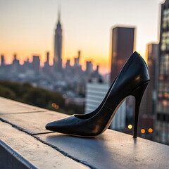 Black High Heel Stiletto on Rooftop with Blurred City Skyline at Sunset


