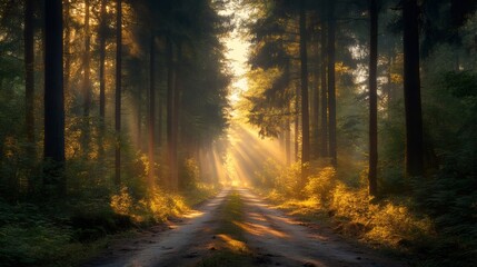 Sunbeams lighting forest path at sunrise