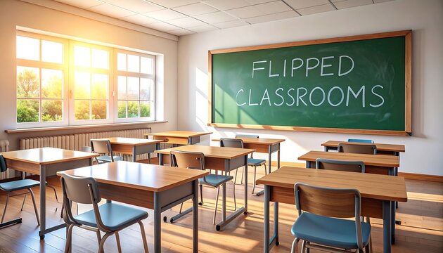 Empty classroom, sunlight streams through window, chalkboard with "Flipped Classrooms" text