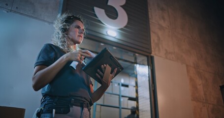 Diverse Employees Carrying Cardboard Boxes from Logistics Distribution Warehouse at Night. Female Manager Scanning Parcels with Barcode Scanner, Using Digital Tablet. Online Orders, Goods, Delivery.