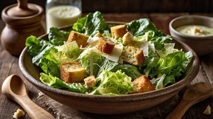 A vibrant, close-up shot of a freshly made Caesar salad with crisp romaine lettuce, golden garlic croutons, shaved Parmesan cheese