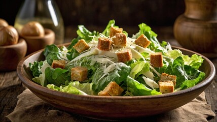 A vibrant, close-up shot of a freshly made Caesar salad with crisp romaine lettuce, golden garlic croutons, shaved Parmesan cheese