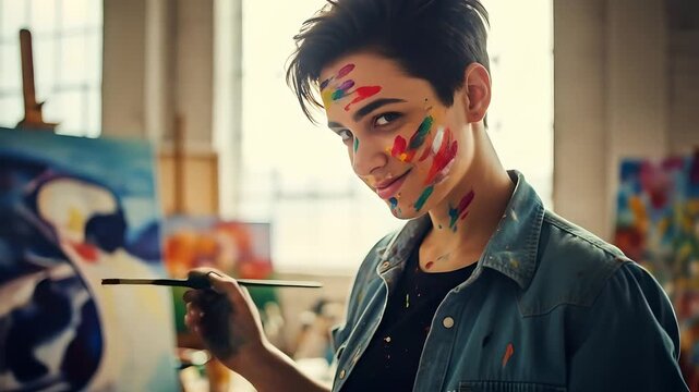 Inspired artist with face covered in paint smiles holding brush. Creative process, art therapy, artistic expression, and hobbyist concepts, perfect for art instruction videos. 