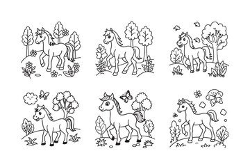 Obraz premium smiling horse strolling under leafy trees bundle kids for coloring page