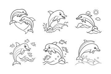 happy dolphin flying over water with small set bundle kids for coloring page