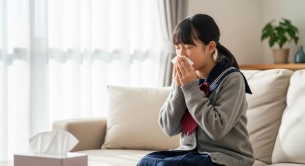 自宅のソファでティッシュを使い鼻をかむ女子高校生