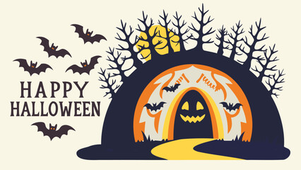 Obraz premium Happy halloween scene featuring bats, trees, a moon, and a spooky entrance with a path leading to it