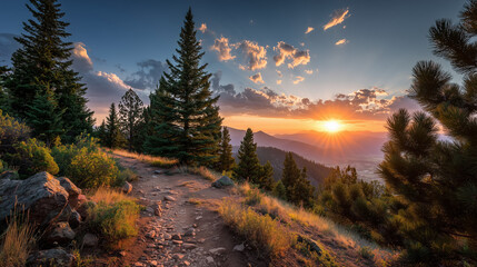 Majestic Sunset Over Mountain Trail - Serene sunset view from a mountain trail, showcasing vibrant colors and towering pine trees. Peaceful nature scene 