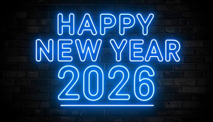 Neon Happy New Year 2026 on brick wall