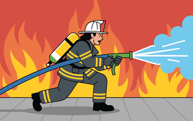 Obraz premium Firefighter Extinguishing Flames with Water Spray Illustration