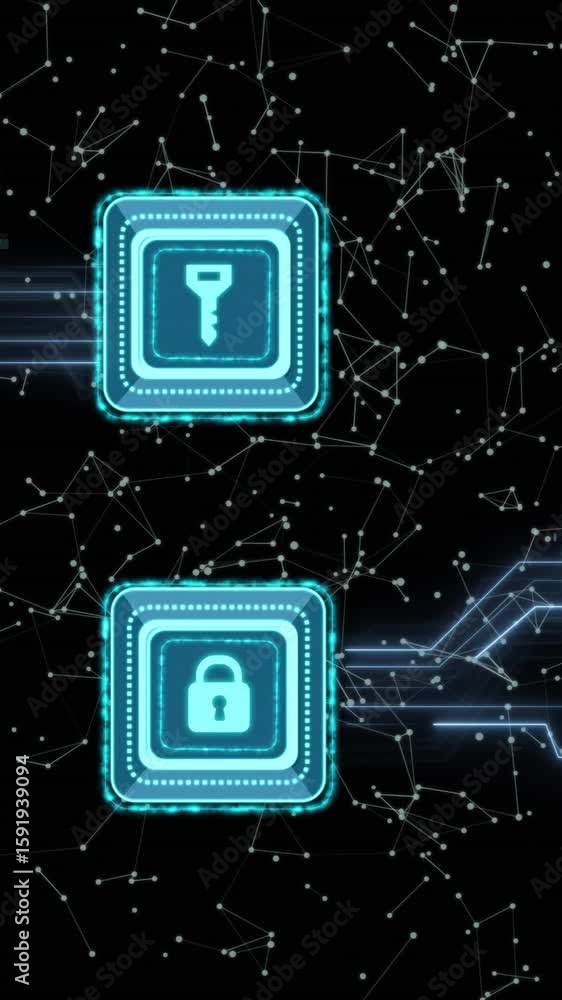 Poster animation of key, padlock icons, data processing over circuit board on black background