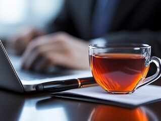 Productivity and serenity in the office with a warm cup of tea near computer