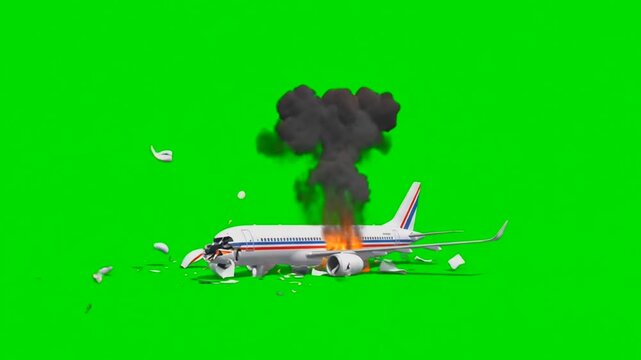 3D Plane Crash and Explosion on Green Screen Illustration