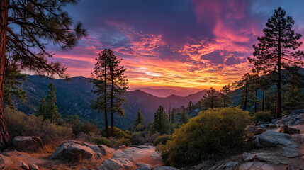 Majestic Sunset Over Mountain Trail - Serene sunset view from a mountain trail, showcasing vibrant colors and towering pine trees. Peaceful nature scene 