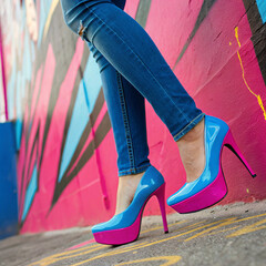 Woman Wearing Bright Blue and Pink High Heels Against Vibrant Graffiti Wall

