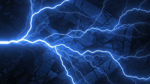 Bright blue lightning strikes across dark cracked ground