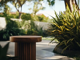 Elegant wooden side table in a serene garden setting bathed in sunlight