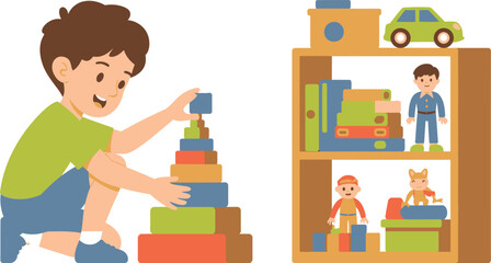 Boy Playing with Stacking Blocks and Toy Shelf with Car and Figurines