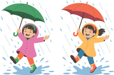 Two Children Playing in Rain with Umbrellas girl