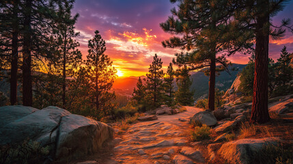 Majestic Sunset Over Mountain Trail - Serene sunset view from a mountain trail, showcasing vibrant colors and towering pine trees. Peaceful nature scene 