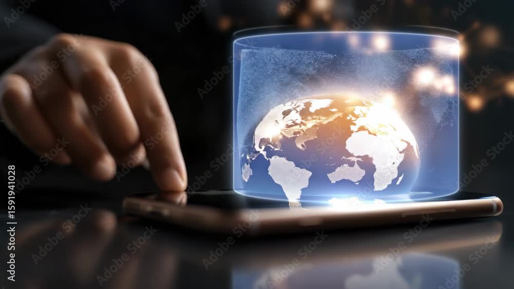 Poster an individual interacts with a holographic globe on a smartphone, showcasing advanced technology and