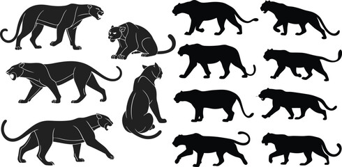 Black Line Panther Icons Set including Flat Wild Cat Animal Predator and Jungle Symbol Collection with Minimal Panther Icon Group for UI Web Wildlife Safari and Nature Design Projects