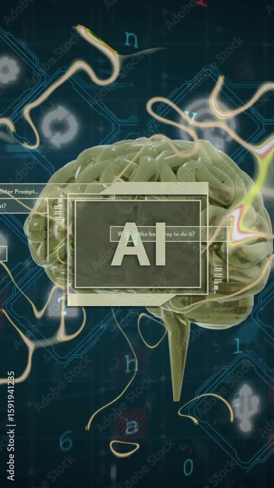 Poster animation of ai text, human brain and data processing