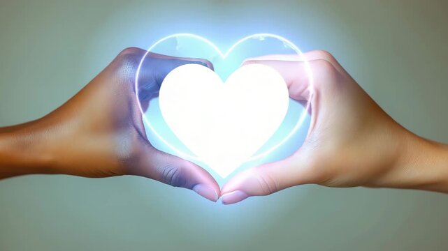 Two Diverse Hands Forming Glowing Heart Hologram &ndash; Symbolic Video in Soft Blue Light for Charity Campaigns, Social Unity Themes, Healthcare Promotions, and Valentine&rsquo;s Content