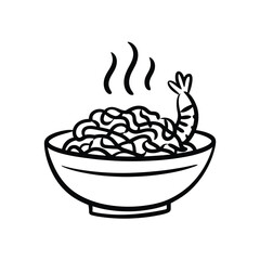Simple line drawing of a bowl of steaming noodles with a shrimp