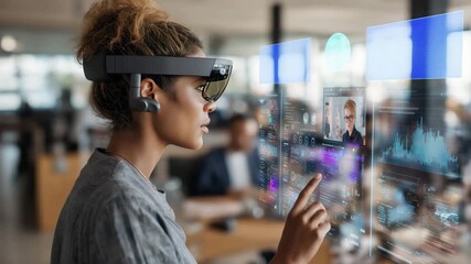 Young Businesswoman Using Augmented Reality Interface for Virtual Business Meeting – Futuristic Video in Bright Office Lighting with Blue UI for Tech Presentations, Corporate Innovation, and Metaverse - Powered by Adobe
