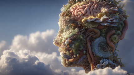 The gutbrain axis connection, depicting how the microbiome influences mood and mental health, with detailed imagery of gut and brain interaction, 8K, photorealistic style 