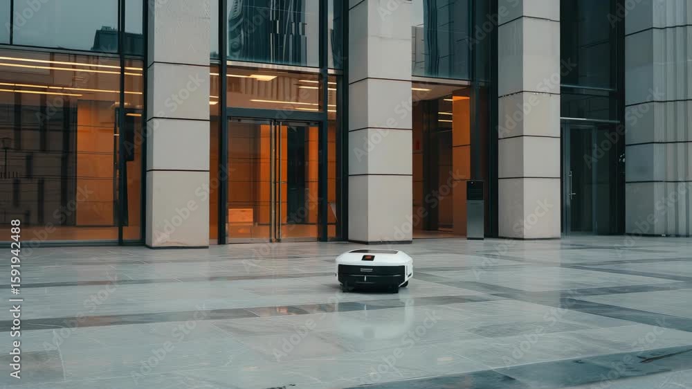Poster an autonomous delivery robot glides through a sleek urban plaza, showcasing its design and functiona