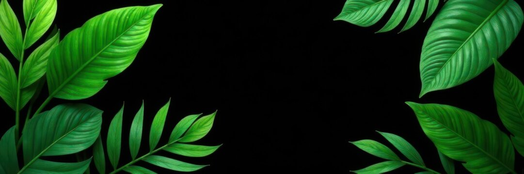 Lush tropical leaves, vibrant green against a stark black backdrop , summer banner, jungle