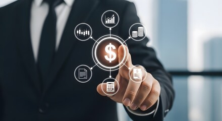 Businessman touches dollar sign demonstrating financial management and investment strategies in growing wealth and modern business concepts for prosperity.