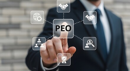 Businessman demonstrates Professional Employer Organization services and solutions, highlighting recruitment, HR management, and global networking for business growth.