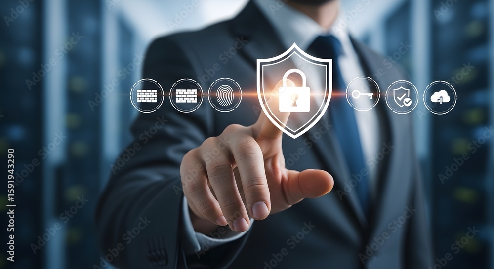 Poster business professional activates cybersecurity shield icon for network protection, safeguarding again
