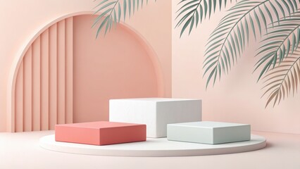 Minimalistic stage with pastel pink tones, featuring cubes and palm leaves ideal for product placement or cosmetic presentation.