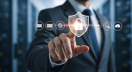 Business professional activates cybersecurity shield icon for network protection, safeguarding against threats and ensuring data privacy in a modern computing environment.